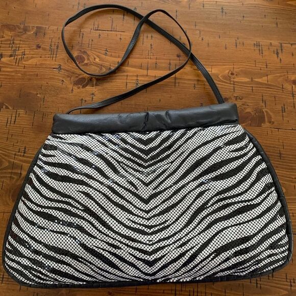 Whiting & Davis 80s Vintage USA Zebra Print Metal Mesh Clutch Crossbody Bag - Picture 7 of 11